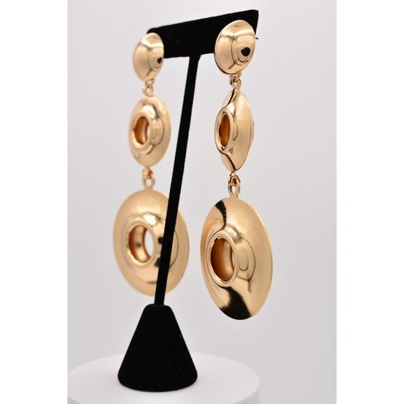 Vintage Chunky Dangle Earrings Shiny Gold Tone Puffy Metal Bold Long 1990s BinZ - Picture 2 of 12